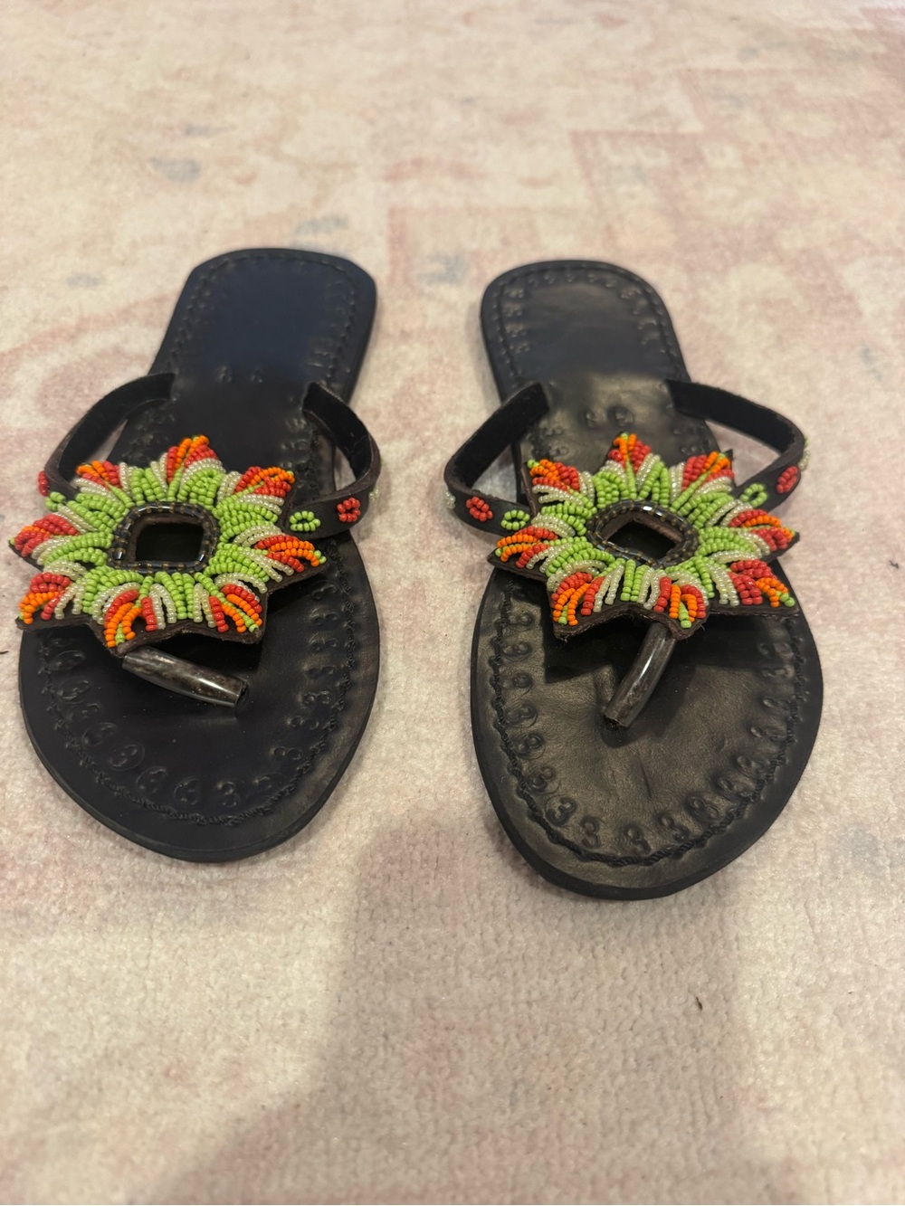 Hand-Beaded Kenyan Black Leather Thong Sandals with Green & Orange Flower